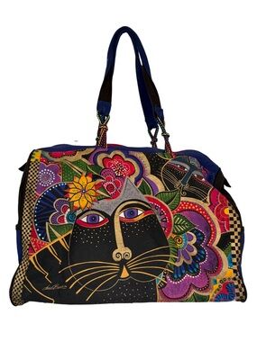 Laurel Burch Large Weekender Duffle Bag Cat Print Colorful Canvas 26” Travel Bag